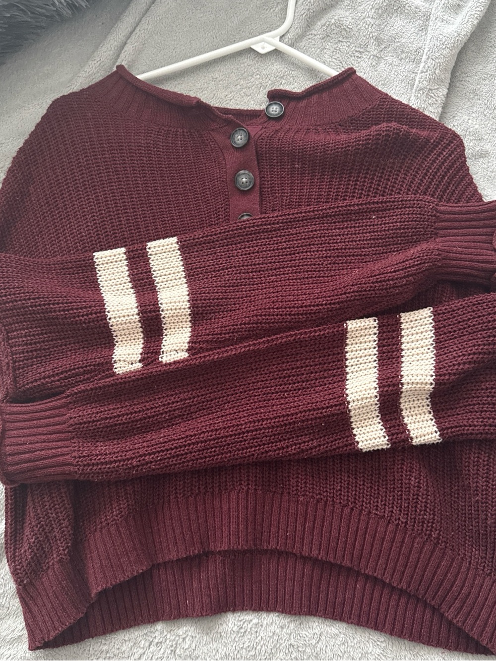 American Eagle Outfitters Burgundy Henley Sweater with Cream Sleeve Stripes